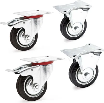 Obrázek produktu pro Sada transportních koleček Wiltec 75 mm 2x otočné kolečko s dvojitou zarážkou a 2x pevné kolečko s plným gumovým kolem, 50 kg na kolo