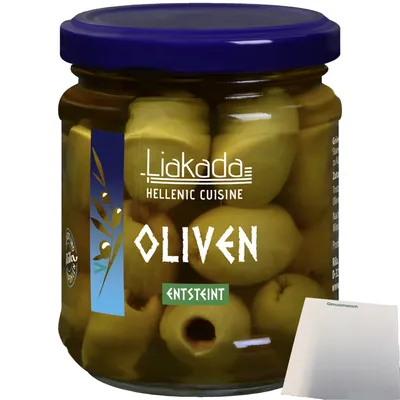 Produktbild von Liakada Grüne Oliven Sorte Chalkidiki entsteint (90g Glas) + usy Block