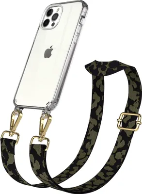 Produktbild von EAZY CASE Handykette - Verstellbarer Trageriemen kompatibel mit Apple iPhone 12 / 12 Pro, Handykordel mit transparenter Silikon-Hülle, Karabiner Gold, Camouflage Style, Band in Grün