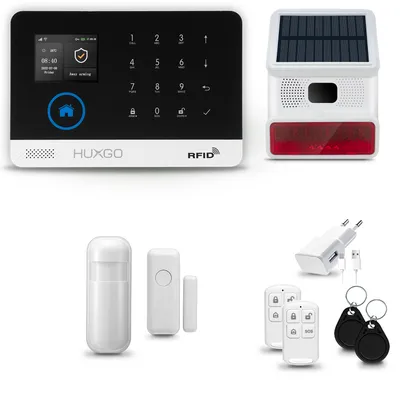 Image de HUXGO HXA003 Système d'alarme maison WiFi + GSM 4G LTE avec sirène sans fil, système d'alarme avec 1x capteur de mouvement et 1x capteur porte/fenêtre, système d'alarme pour appartement, maison, garage, Tuya Smartlife App