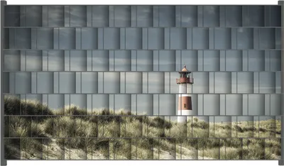 Produktbild von Wallario Zaunsichtschutz mit Motiv Leuchtturm auf der Düne am Strand für Ein- und Doppelstabmatten Zäune in der Größe 250 x 140 cm