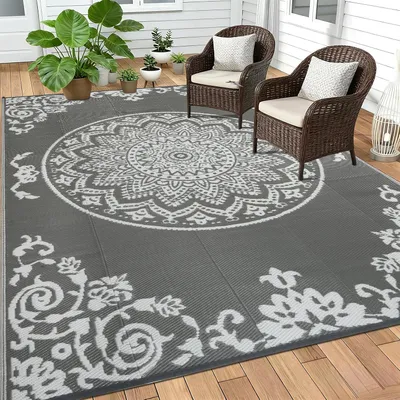 Image de Tapis d'extérieur, 150 x 245 cm, gris et blanc, réversible, résistant aux intempéries, pour jardin