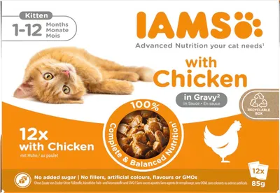 Imagen del producto de IAMS Delights Kitten, alimento húmedo para gatitos, multipack con pollo en salsa, 12 unidades de 85 g