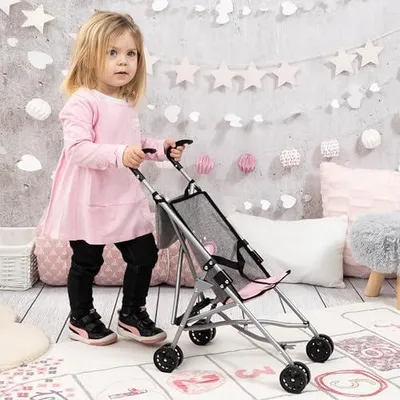 Produktbild von Faltbarer Puppenbuggy mit Tasche und Doppelrädern für Puppen bis 46 cm, aus Metall, grau mit Schmetterling