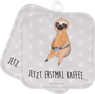 Produktbild von Mr. & Mrs. Panda Topfuntersetzer Faultier Kaffee - Grau Pastell - Geschenk, topfhalter, Topflappen, Set, Topflappenset, Kaffeetasse, Coffee, Ofenlappen