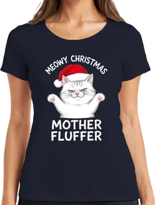 Produktbild von MEOWY CHRISTMAS MOTHER FLUFFER Weihnachten Katze Geschenk Lustig Damen T-Shirt, Navy, 3XL
