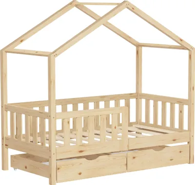 Produktbild von ML-Design Kinderbett Hausbett 70x140 cm Natur mit 2 Schubladen Holzbett mit Rausfallschutz Lattenrost und Dach, Spielbett aus Kiefernholz, Bodenbett