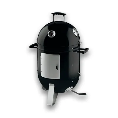 A black smoker grill with silver accents on a white background.