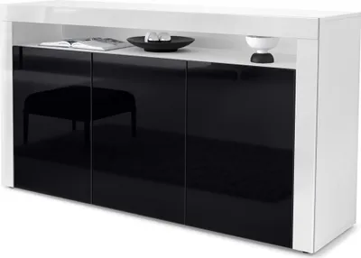 Produktbild von Vladon Sideboard Valencia,  Germany, Kommode mit 3 Türen und 1 offenem Fach, Weiß matt/Schwarz Hochglanz/Weiß Hochglanz (155 x 92 x 40 cm)