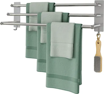 Produktbild von Handtuchstange 60 cm, 3 Stangen, 2 Haken, Edelstahl, für Badezimmer