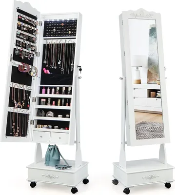 Image de COSTWAY Armoire à bijoux avec éclairage LED, armoire à glace avec miroir intégral & tiroirs, organiseur de bijoux mobile, verrouillable (blanc)
