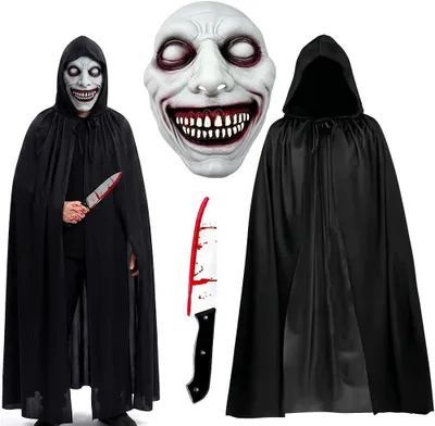 Immagine prodotto di Costume horror con mantello nero con cappuccio, maschera e coltello finto, taglia 140 cm, ideale per feste a tema
