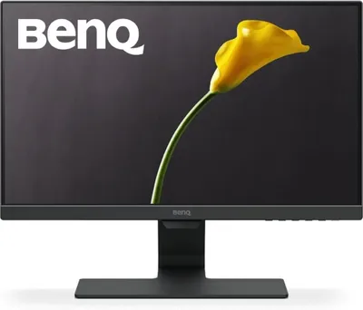 A BenQ computer monitor is displayed against a dark gray background, featuring a yellow calla lily on its screen.