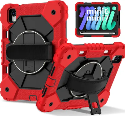 Produktbild von Hülle für iPad mini 2024/iPad mini 2021 Tablette Schutzhülle Stoßfeste mit 360 Drehbarer Handschlaufe/Ständer Rot Schwarz