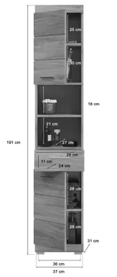 A diagram of a tall, narrow cabinet with dimensions indicated.