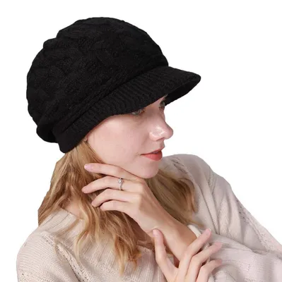 Immagine prodotto di Berretto invernale da donna, con visiera, foderato, lavorazione a trecce, caldo, taglia unica, colore nero