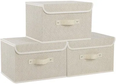 Produktbild von Unyqoos® Faltbare Stoff‑Aufbewahrungsboxen 3er‑Set, Karton & Leinenstoff, mit Deckel, 26×20×17 / 33×23×20 / 38×25×25 cm, Grau/Beige