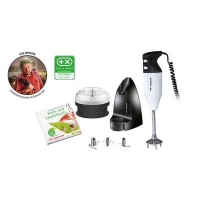 Der Unold ESGE-Zauberstab® Petticoat Edition ist ein schwarz-weißes Stabmixer-Set mit drei Aufsätzen