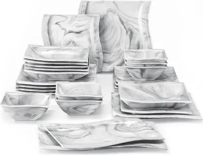 MALACASA 26-tlg. Porzellan Tafelservice in Marmor-Grau, Geschirrset mit Schale, Dessertteller, Suppenteller, Speiseteller, Servierplatten