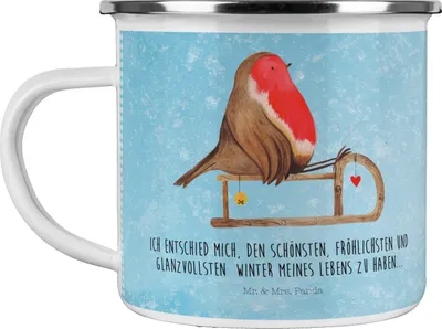 Produktbild von Mr. & Mrs. Panda Teetasse Rotkehlchen Schlitten - Eisblau - Geschenk, Kaffeepott, Pott, Emaille Tasse, Weihnachten, Outdoor Becher, Vogel