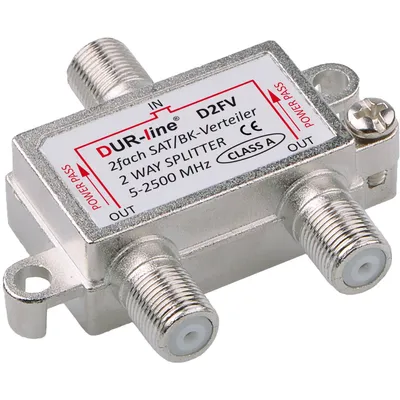 A close-up studio shot of a satellite/cable TV splitter.