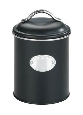 A black storage tin with a silver label and handle, shown against a white background.