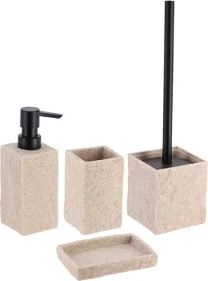 Obrázek produktu pro Tendance sada koupelnových doplňků 4dílná dávkovač mýdla miska na mýdlo zubní kartáček bubínek WC štětka béžová polyresin 6x6x18 cm