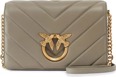 Produktbild von PINKO Leder Umhängetasche Schultertasche Love Click Classic Sheep Nappa Big Chevron Walnut - Antique Gold taupe