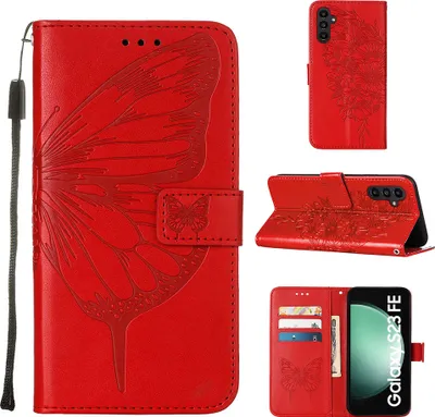 Produktbild von Lederhülle für Samsung Galaxy S23 FE Schmetterling Prägung Flip Ledertasche Kartenfächer Handyhülle mit Ständer Rot