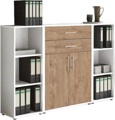 Produktbild von Aktenschrank TABOR 13 in weiß / Gold Harbor Oak, Schrankwand, Büroschrank, abschließbar, Metallgriffe