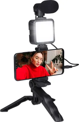 Produktbild von Grundig Handy Stativ mit Lampe Stativ für Smartphone mit Mikrofon - LEDs mit 3 Farbeinstellungen - Für Telefone von 53 bis 84 mm - Tischmodell und Selfiestick - Kunststoff - Schwarz