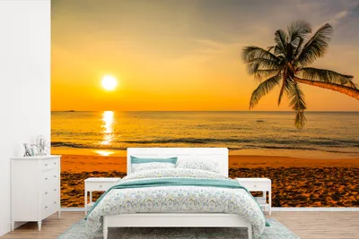 Produktbild von MuchoWow® Fototapete für Wohnzimmer oder Schlafzimmer Wandtapete Vinyl Motivtapete Palme - Strand - Sonnenuntergang - Meer - 450x300 cm - Gemusterte