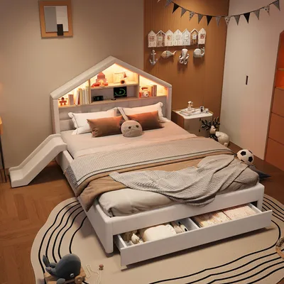 Immagine prodotto di Letto imbottito Merax 140x200 cm con scivolo e spazio contenitivo, letto a forma di casetta con illuminazione LED, letto per bambini con presa di corrente, testiera con ripiano, rivestito in velluto, color beige