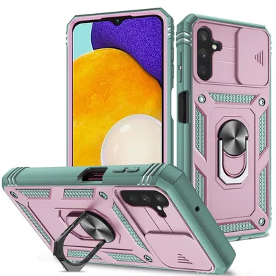 Image de Etui pour Samsung Galaxy A13 5G avec protection de l'appareil photo coulissant, résistant aux chocs, avec porte-anneau, support et porte-cartes Vert Rose