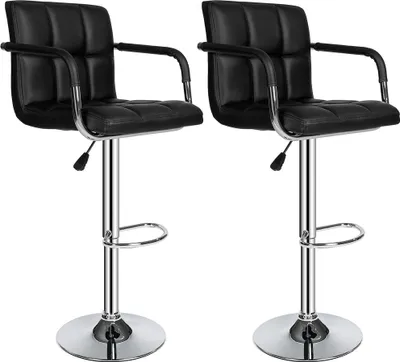 Two black bar stools with chrome bases and armrests are shown against a white background.