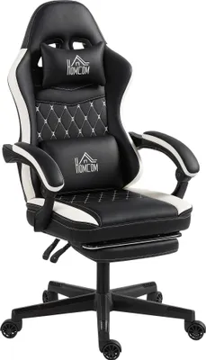 Produktbild von Gaming-StuhlmitFußstütze,ComputerstuhlmitKopfstütze&Kissen,Kunstleder-Bezug,drehbar,höhenverstellbar,Metall,Kunststoff,Schwarz+Weiß