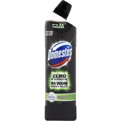 A bottle of Domestos WC cleaner.