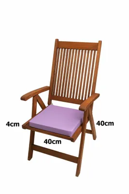 A wooden garden chair with a purple cushion, shown against a white background with dimensions indicated by text.