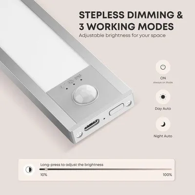 Image de Spots LED sous meuble avec détecteur de mouvement, rechargeables via USB-C (1500 mAh), variateur d'intensité réglable en continu de 10 à 100%, 4 modes, aimants adhésifs, lot de 2 pour cuisine et armoires