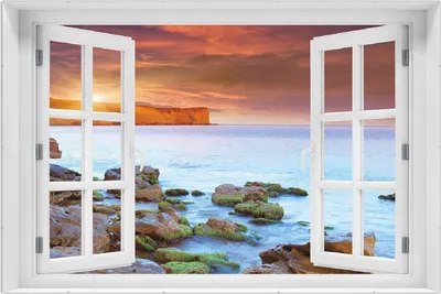 Produktbild von Wallario Wandbild mit Fenster-Illusion: Sonnenaufgang am Meer mit Landzunge und Felsen im Wasser, Größe: 61 x 91,5 cm, Poster mit rahmenlosen Bildhalter