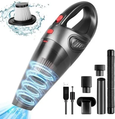 Image de Aspirateur à main - 8500 PA - Aspirateur de voiture - sans fil - filtre HEPA - aspirateur portable - rechargeable par USB - saletés humides et sèches - 120 W - batterie lithium-ion de 2500 mA - plus 3 types d'accessoires - noir - -
