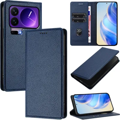 Produktbild von Litchi Leder Handyhülle für Xiaomi 17 Pro Wallet Kartenfächer Standfunktion Hülle Blau