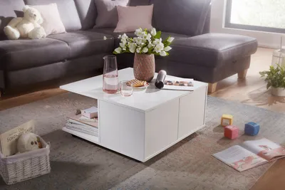 Produktbild von WOHNLING Design Couchtisch 70x70 cm Weiß Wohnzimmertisch mit 2 Schubladen Sofatisch mit Rollen Tisch mit 2 Fächern