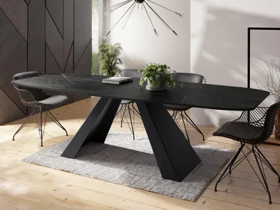 Produktbild von Esstisch Monte im Modern Stil, Rechteckiger Tisch in Schwarzer Marmoroptik - Ausziehbar von 180 cm bis 220 cm, Pulverbeschichtete Schwarze Metallbeine - 180 x 90 cm - Marmor Schwarz