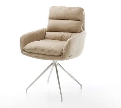 Produktbild von DELIFE Esszimmerstuhl Abelia-Flex mit Armlehnen Mikrofaser Beige Vintage Kreuzgestell konisch Edelstahl