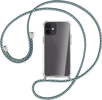 Produktbild von Handykette Backcover-Schutzhülle mit Band (Metall silberfarben) für Apple iPhone 12 Mini - grün/blau/weiß