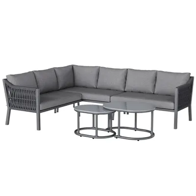Produktbild von Garten-Essgruppe,Gartenmöbel-Set,6 Personen, Eckstellung, Verzinktes Eisen, Glastischplatte, handgeflochtenes Seil, inklus. 2 Couchtische und 1 Sofa