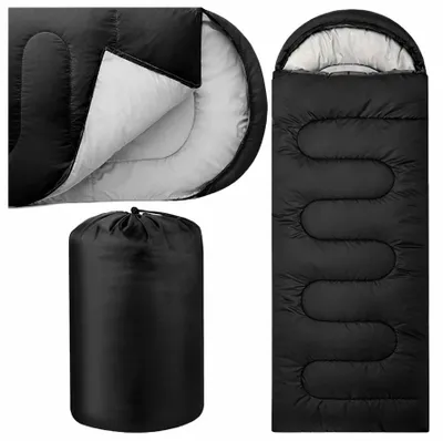Produktbild von 2-in-1 Mumien-Touristenschlafsack 210x75cm mit warmer Kapuze und Staubschutzbezug, schwarz