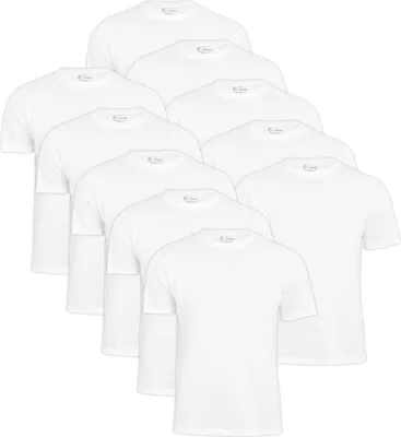A collection of white t-shirts arranged in a staggered pattern.