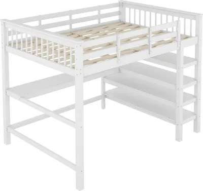 Zdjęcie produktu dla Łóżko dziecięce na poddaszu z biurkiem i półką, wytrzymała konstrukcja, białe, 140x200 cm
